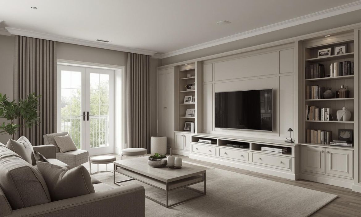 Modern UK living room with bespoke fitted furniture