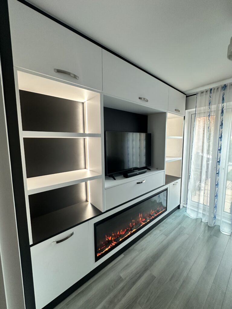 Completed bespoke media wall and TV unit by Furnitureistic