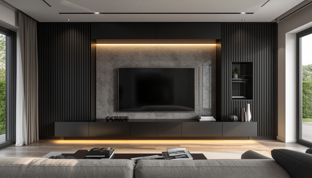 Bespoke media wall installation in Hertfordshire showcasing custom floating cabinetry, integrated LED lighting and premium craftsmanship by Furnitureistic