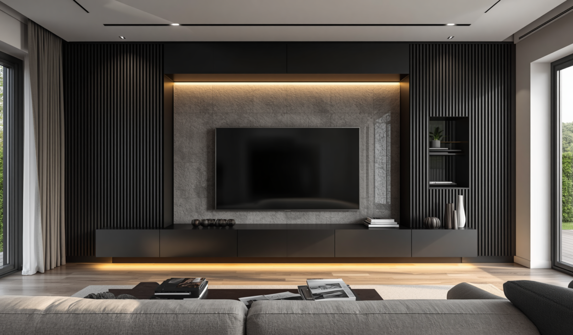 Bespoke media wall installation in Hertfordshire showcasing custom floating cabinetry, integrated LED lighting and premium craftsmanship by Furnitureistic