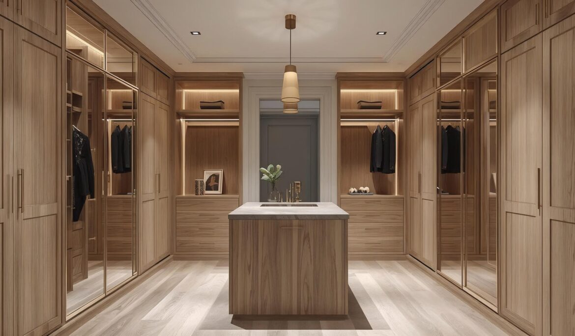Luxury bespoke walk-in wardrobe in Stanmore with Cashmere Grey fitted cabinets, gold handles and made-to-measure storage by Furnitureistic