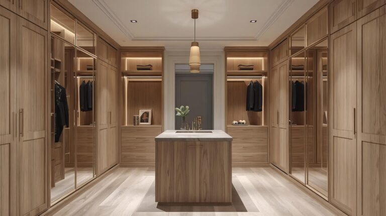 Luxury bespoke walk-in wardrobe in Stanmore with Cashmere Grey fitted cabinets, gold handles and made-to-measure storage by Furnitureistic
