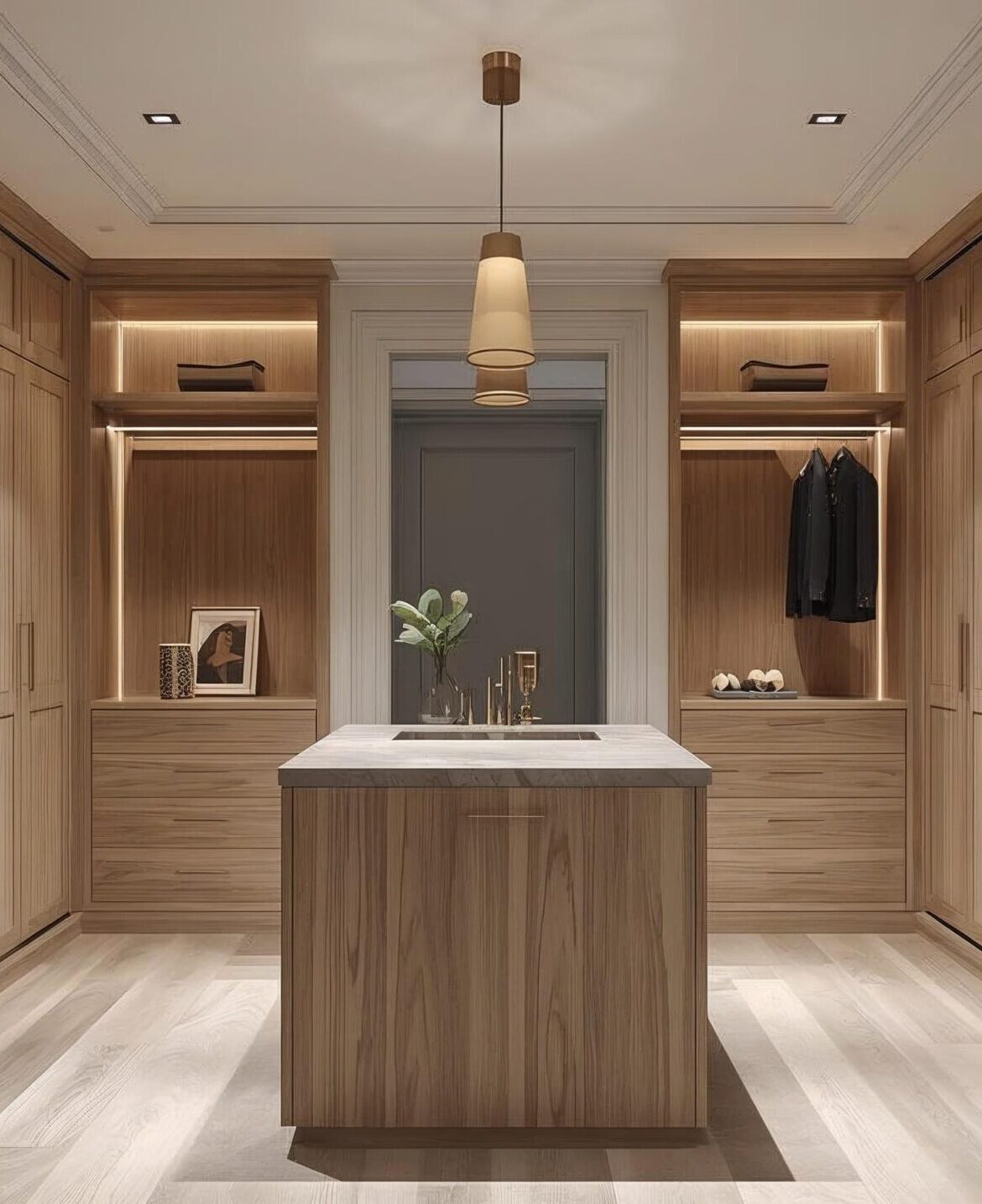 Luxury bespoke walk-in wardrobe in Stanmore with Cashmere Grey fitted cabinets, gold handles and made-to-measure storage by Furnitureistic