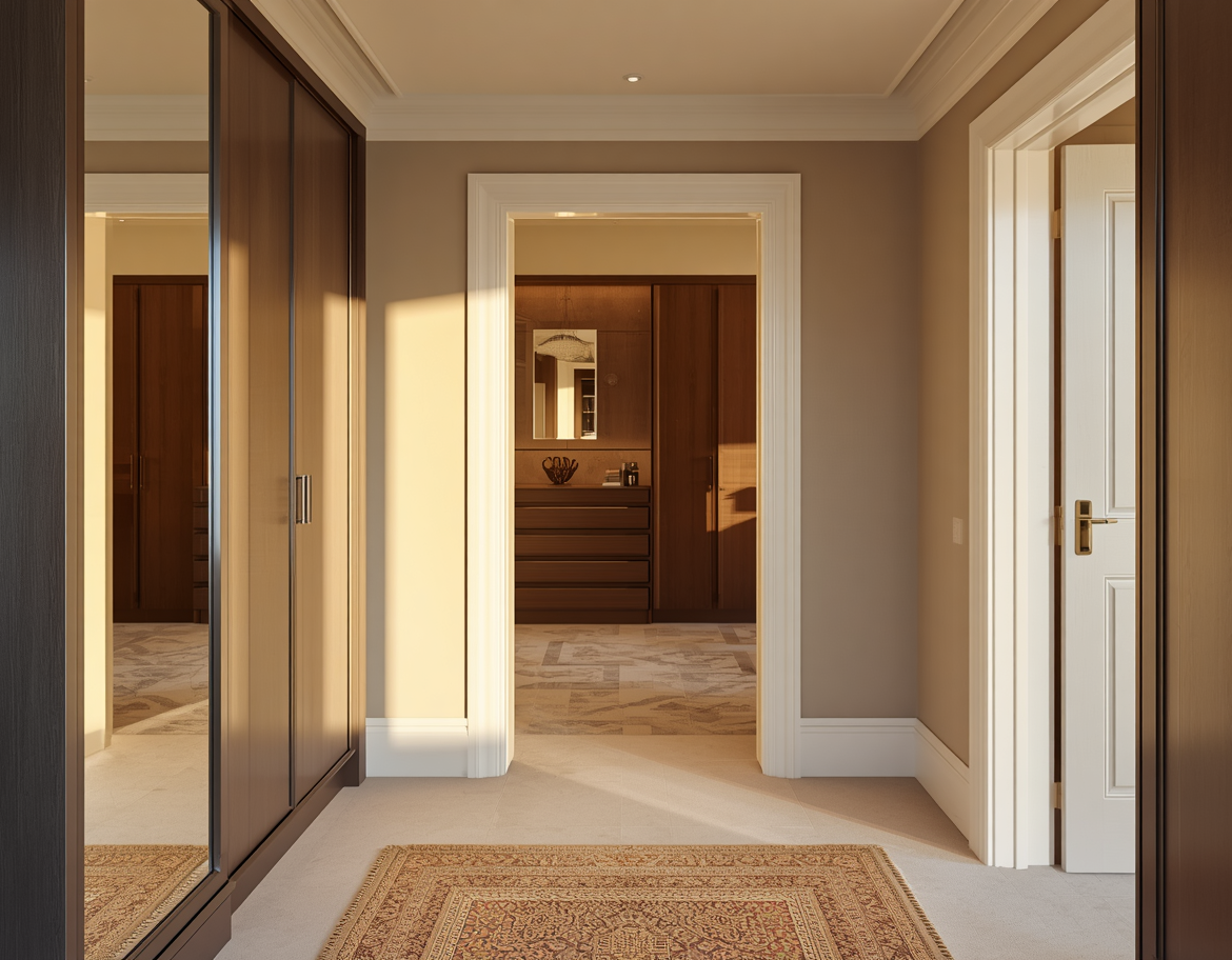 The bespoke hallway storage with integrated mirror stands perfectly organised, while in the background, through open doors,