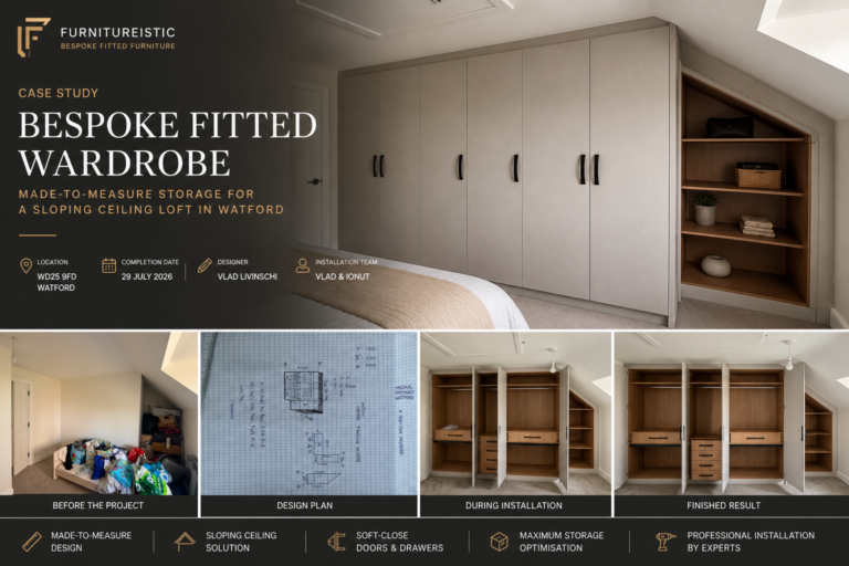 Bespoke fitted wardrobe for a sloping ceiling loft in Watford, with made-to-measure angled storage and custom shelving by Furnitureistic