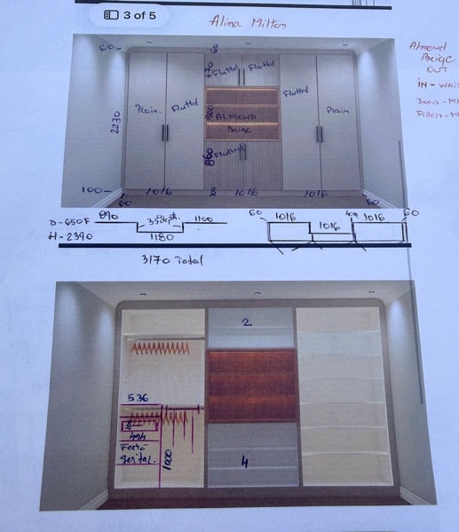 Bespoke fitted wardrobe design plan for a floor-to-ceiling Almond Beige storage installation in Milton Keynes