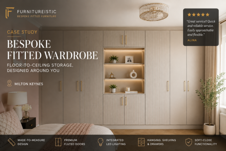 Bespoke floor-to-ceiling fitted wardrobe in Milton Keynes with fluted doors, integrated LED shelving and made-to-measure storage by Furnitureistic