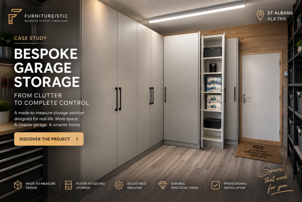 Bespoke garage storage in St Albans with floor-to-ceiling fitted cabinets, adjustable shelving and made-to-measure storage by Furnitureistic