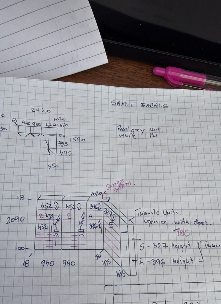 Hand-drawn design plan for bespoke garage storage in St Albans showing made-to-measure cabinet dimensions and storage layout